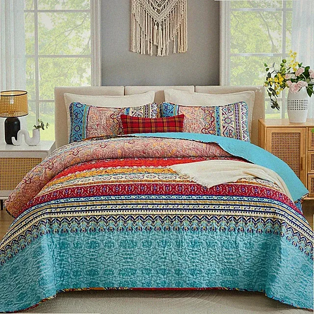 3-Piece Colorful Bohemian Quilt Set King Size - Perfect -Round Comfort