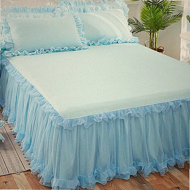 3PCS Bedspread Pillowcase Set Lace Ruffle Bed Skirt Pillow Cover Bedding Home