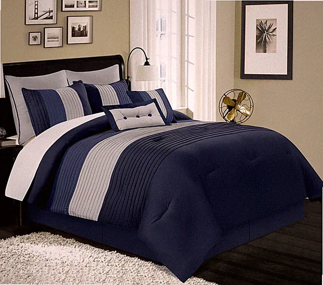 8-Piece Navy Blue Gray Pleated Bedding Set Luxury Striped Comforter Set