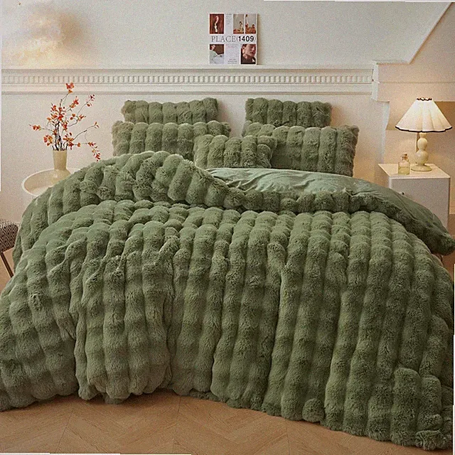 Cozy Sage Green Fluffy Faux Rabbit Fur Duvet Cover Set with Pillowcases