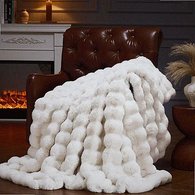 Faux Fur Throw Blanket for Couch, Fluffy Fuzzy Plush Bubble Blanket, Soft War...