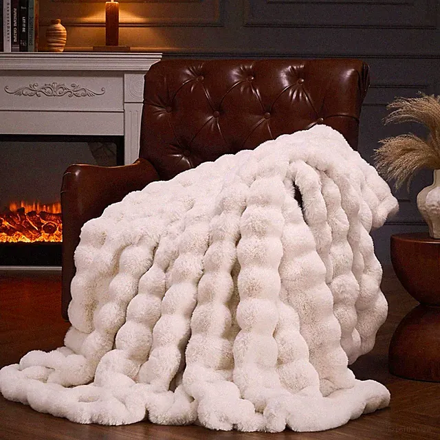 Faux Fur Throw Blanket for Couch, Fluffy Fuzzy Plush Bubble Blanket, Soft Warm C
