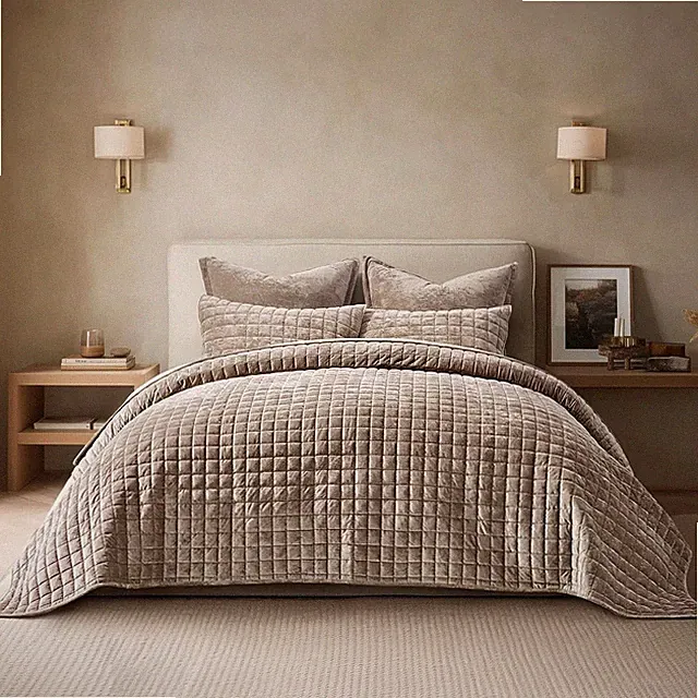 King Size Velvet Quilt Set Natural Tan Lightweight Bedspread Coverlet 3 Pc