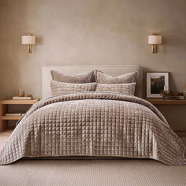 King Size Velvet Quilt Set Natural Tan Ultra Soft Bedspread 3 Piece Set