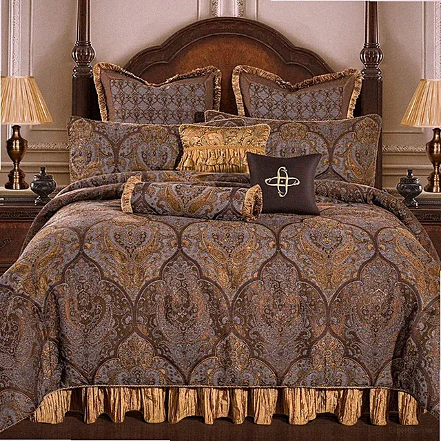 Luxury 9-Piece Jacquard Comforter Set in Bronze Gold for Queen Beds