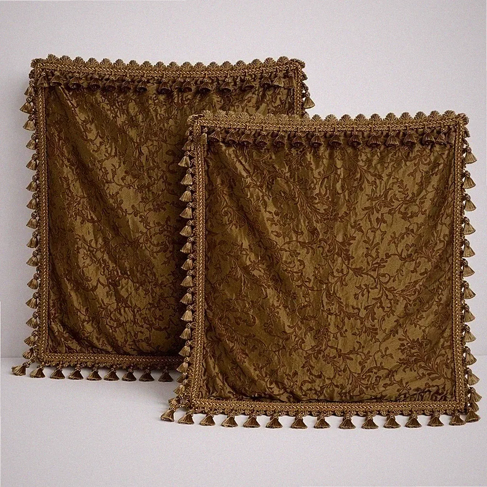 Michael Amini Euro Pillow Shams 2 Green Brown Damask Tassel Beaded 26x26 Regency
