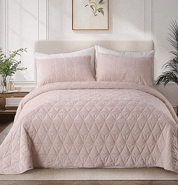 Oversized Queen Velvet Quilt Set 102" x 106" + 2 Pillow Sham 20" X 26" Rose Pink
