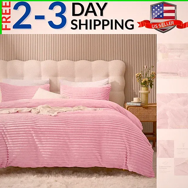 Plush Duvet Cover Set - Queen Size Pink Striped Fluffy Comforter Cover 3pcs B...