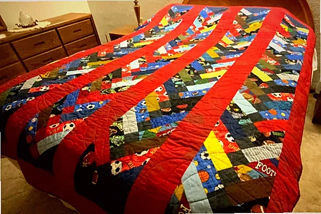 Quilt w/ Shams Handmade Red Braid Sport Theme Lg Dorm Twin Bed 84" L x 74" W-New