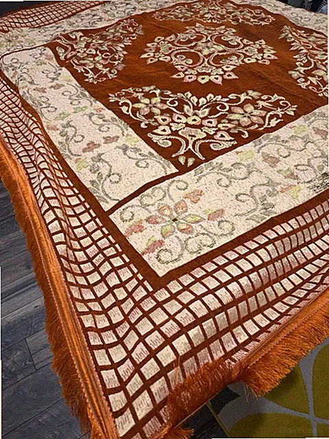 Vintage Bedspread 70s MCM Burnt Orange Metallic Floral Mod Retro King +2 Shams
